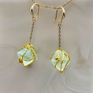 Green Fluorite Octahedron Dangle Earrings E25